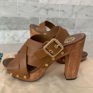 Tory Burch Brown/Gold Woven Leather
 Wooden Platform Heel
Jodie Sandal size 8.5